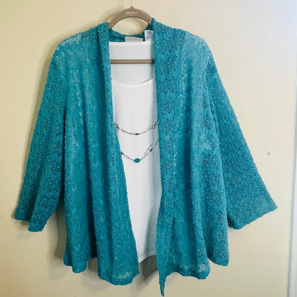 Alfred Dunner 3X Turquoise 2-Fer Top Knit Cardigan and Tank Top With Necklace